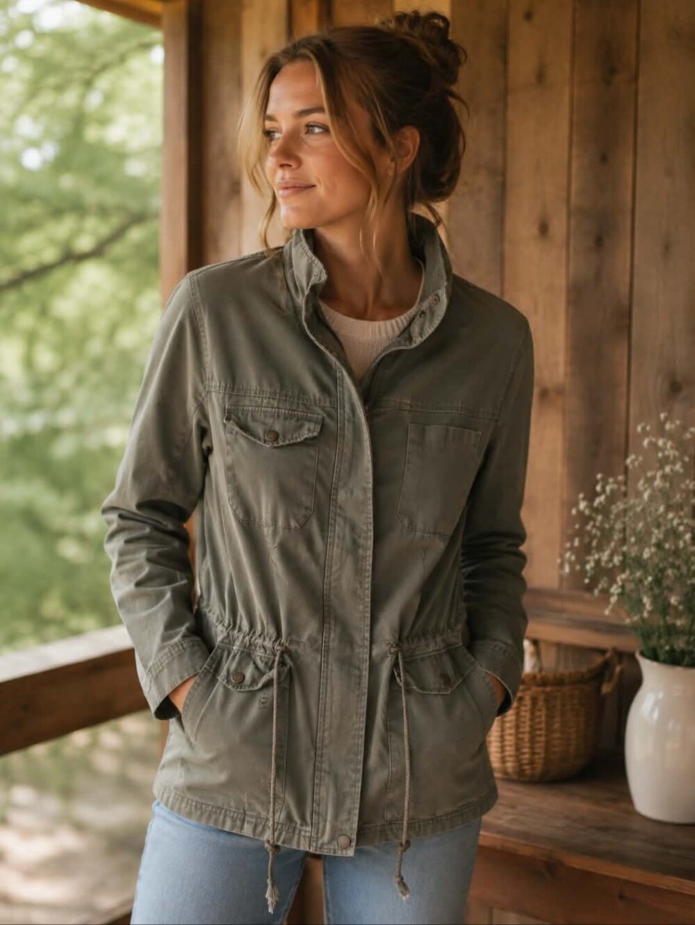 New Look Women's Olive Utility Jacket with Drawstring Waist